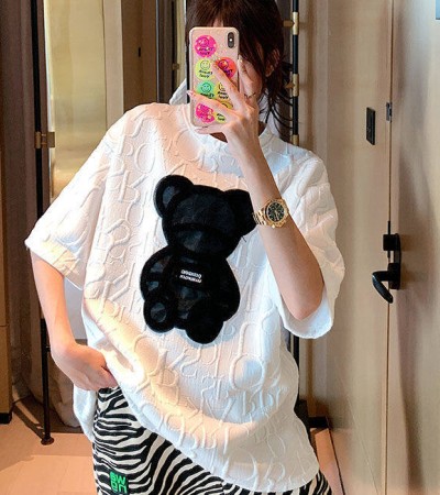 【40-80Kg】Plus size ins tshirt for women Korean version BF bear embroidery short sleeve loose all-match casual bottoming shirt