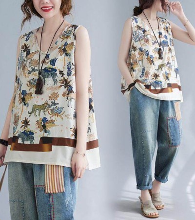 WhiteTime V-neck top female sleeveless vest T-shirt female outside wear large size women's summer vest female summer thin model leggings female 301T0852